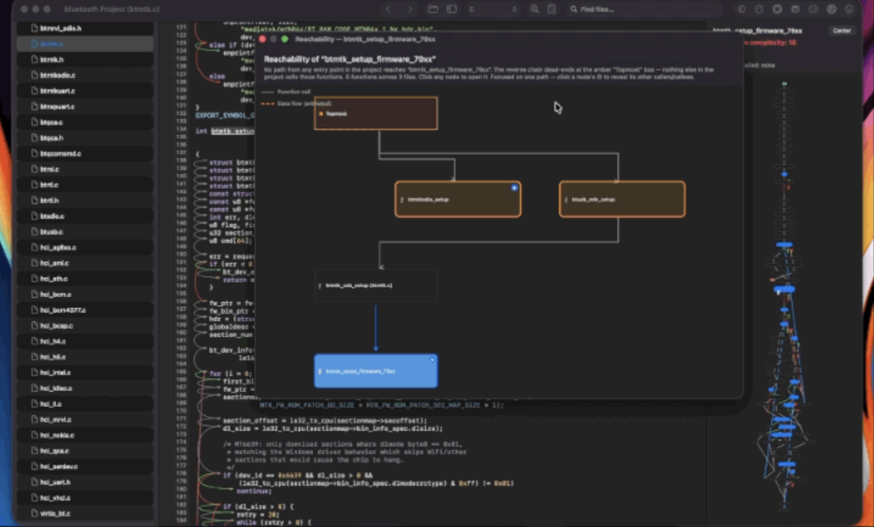 Karma Pro open on a macOS project with the file tree, source viewer and analysis panes.