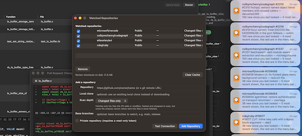 Menu bar status item with the repository monitoring entries.