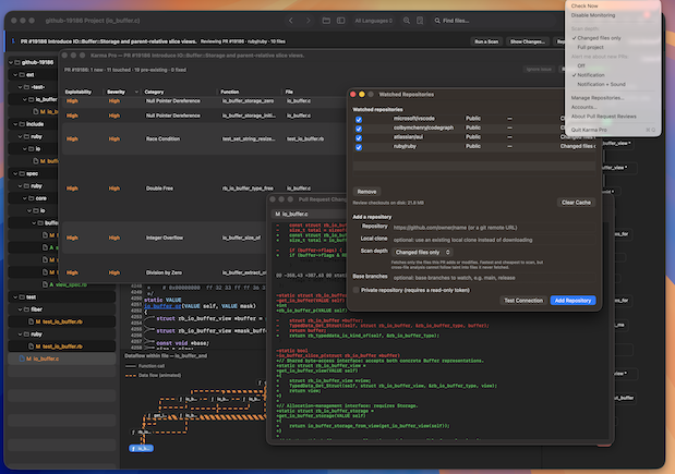 Menu bar menu listing watched repositories and the pull requests open on them.